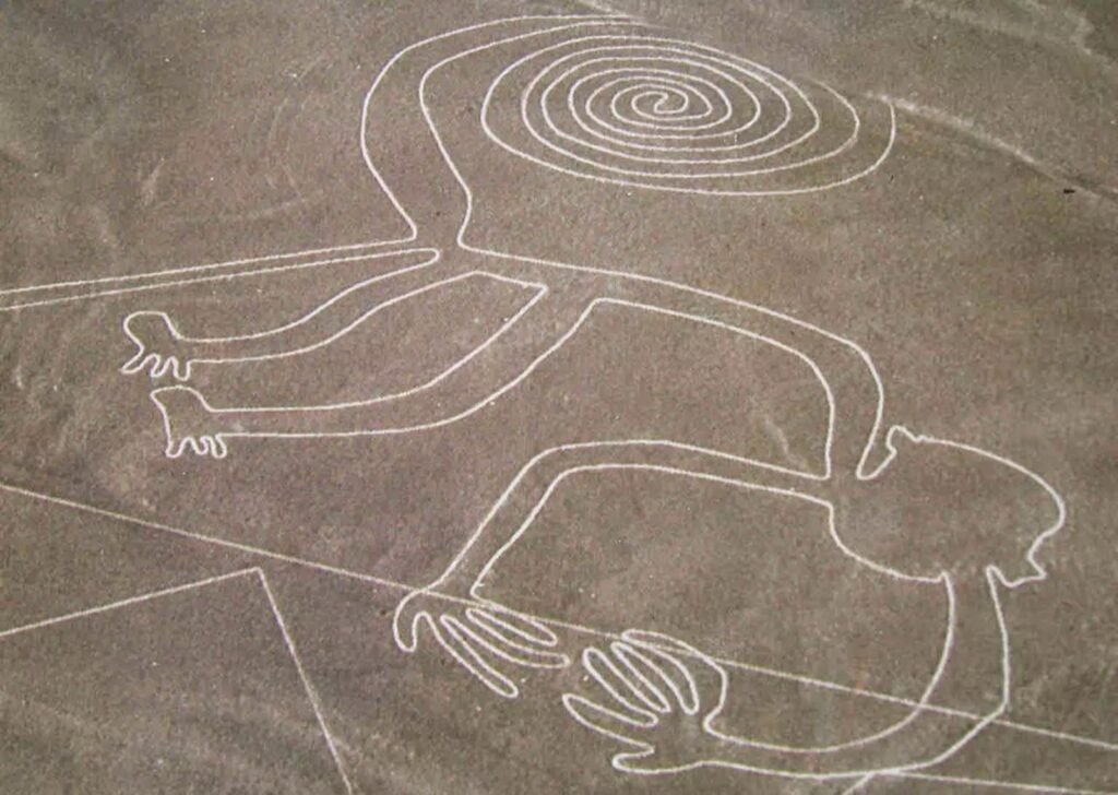 Geoglifo del mono con su cola en espiral, visto desde el aire en las líneas de Nazca con sobrevuelo